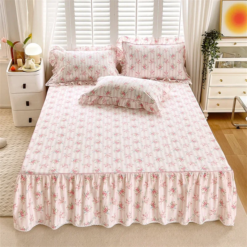 Make Life Better Bed Skirt 100% Cotton Bedspread Floral Style Bed Cover Skin-friendly Bed Linen for Home  (No Pillowcase)