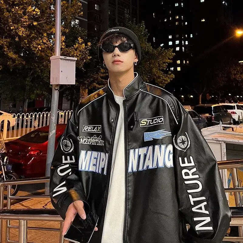 OIMG Autumn Varsity Jacket Long Sleeve Motorcycle Jacket Racing Baseball Jacket Men Y2k Printed Casual Loose Coat