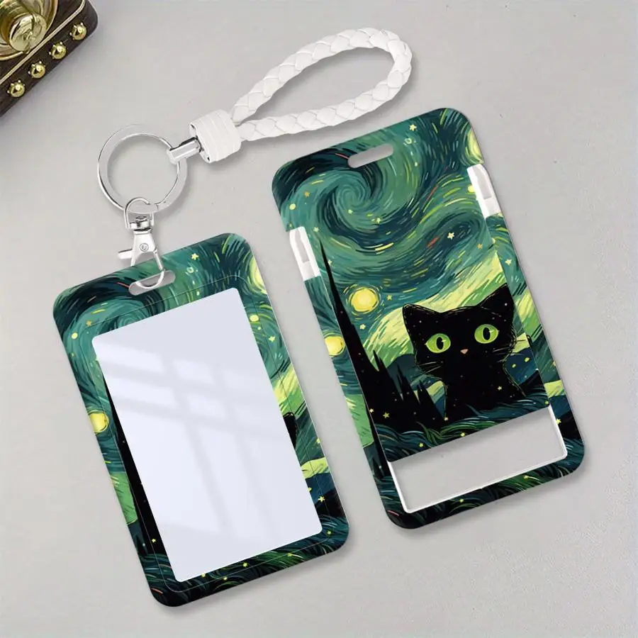 1Pc Card Holder Retractable Credit Card Holders Holders Child Bus with lanyard Bank ID Badge Cover Case Van Gogh Art Cat