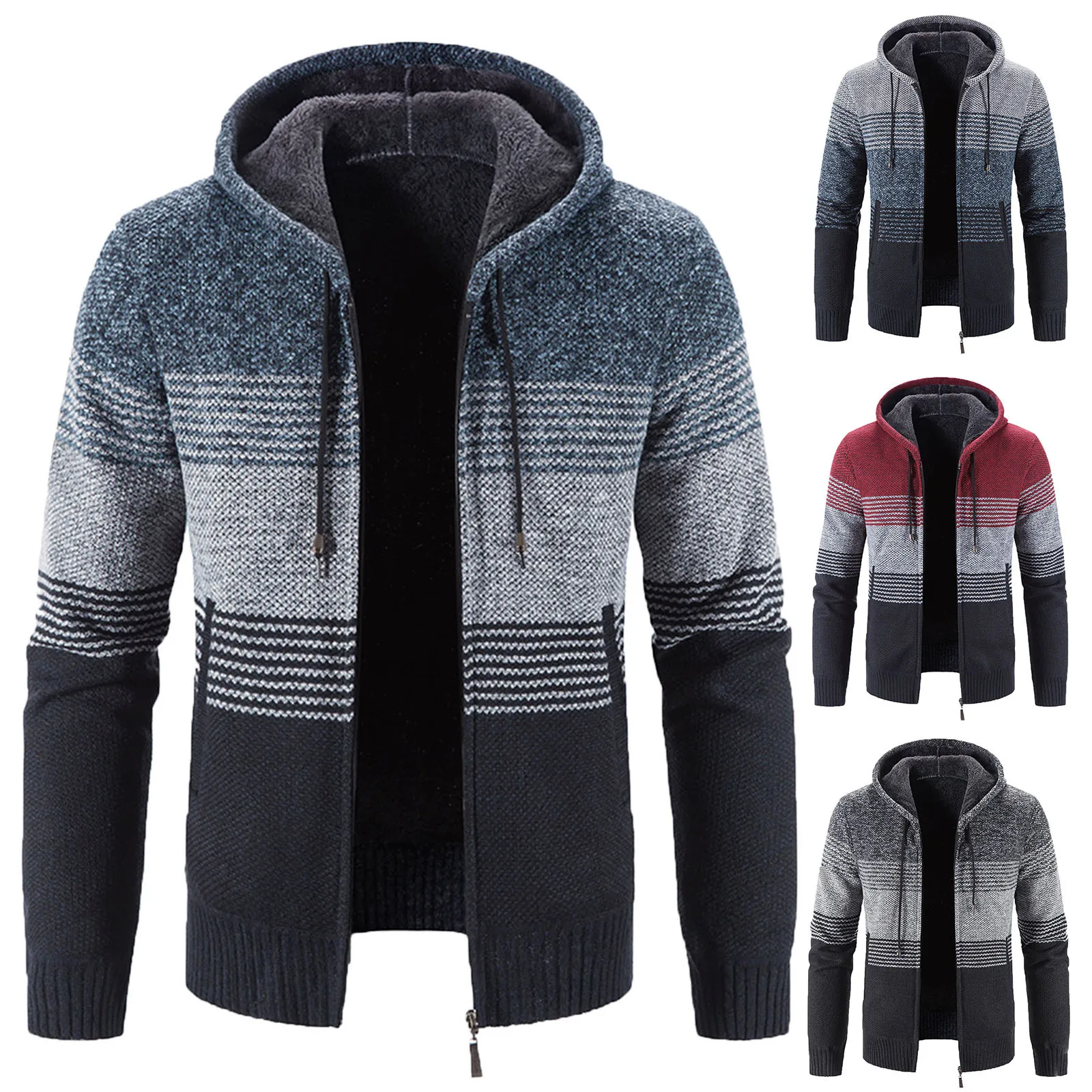 Sweater Jackets Coat Men 2023 Winter Thick Warm Hooded Cardigan Jumpers Men Striped Wool Liner Zipper Fleece Coats Men Overcoats