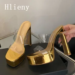 Hlieny Designer PVC Transparent Platform Slippers Women Square Toe High Heels Slides Shoes Summer Female Shoes Zapatos De Mujer