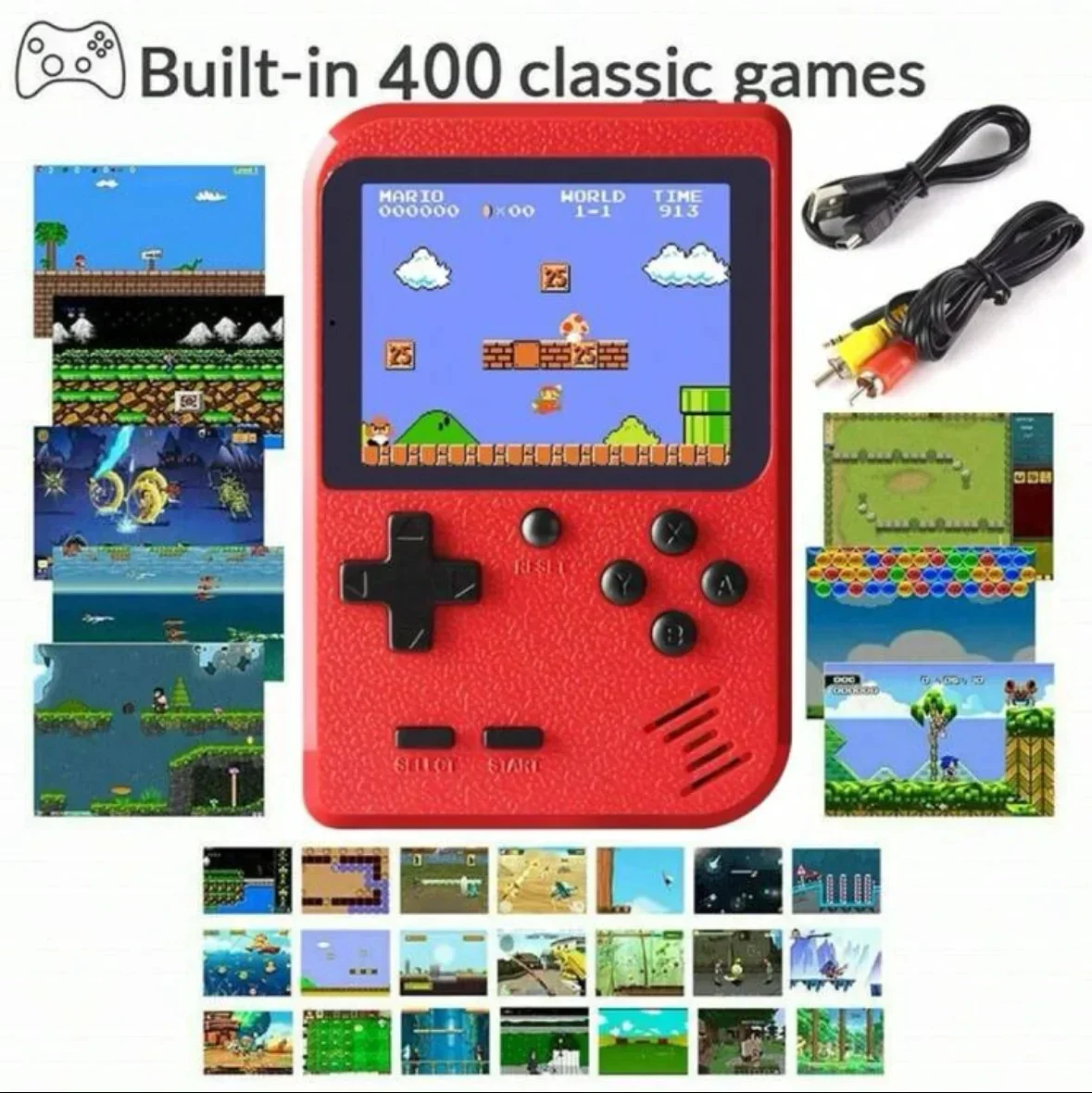 Une console de jeu portable rétro rouge classique pour enfants avec 400 jeux, rechargeable, peut être connectée à la télévision
