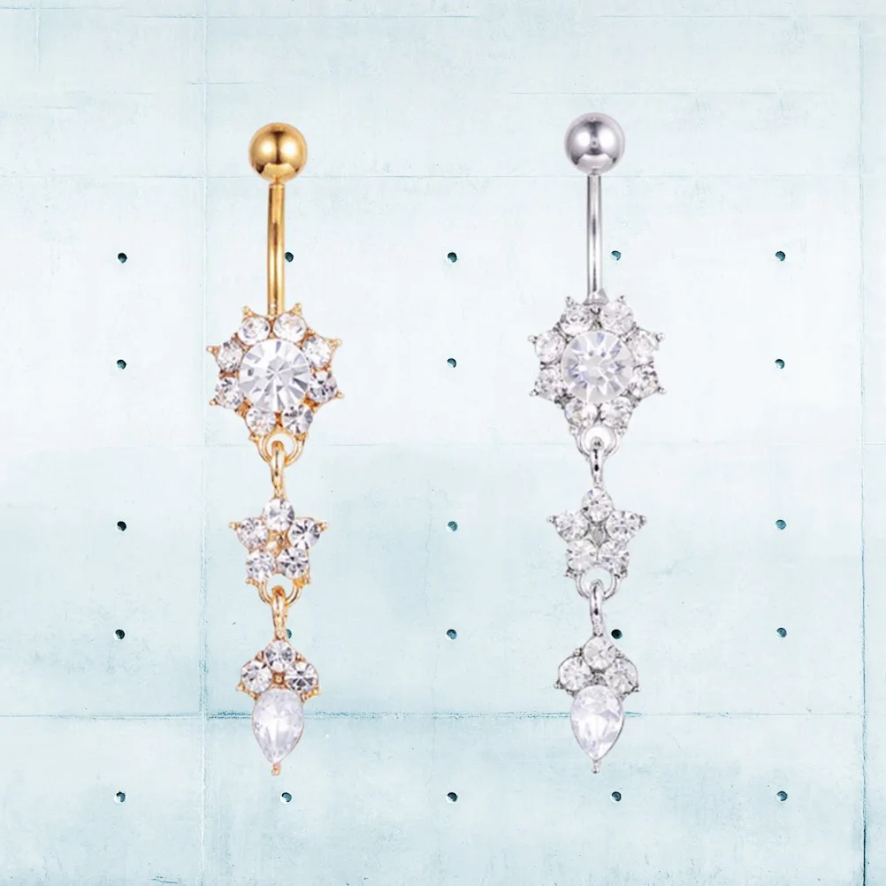 2 pezzi anelli per piercing all'ombelico pendente a forma di fiore a goccia ciondola elegante anello per ombelico gioielli per il corpo gioielli per piercing al corpo in oro bianco