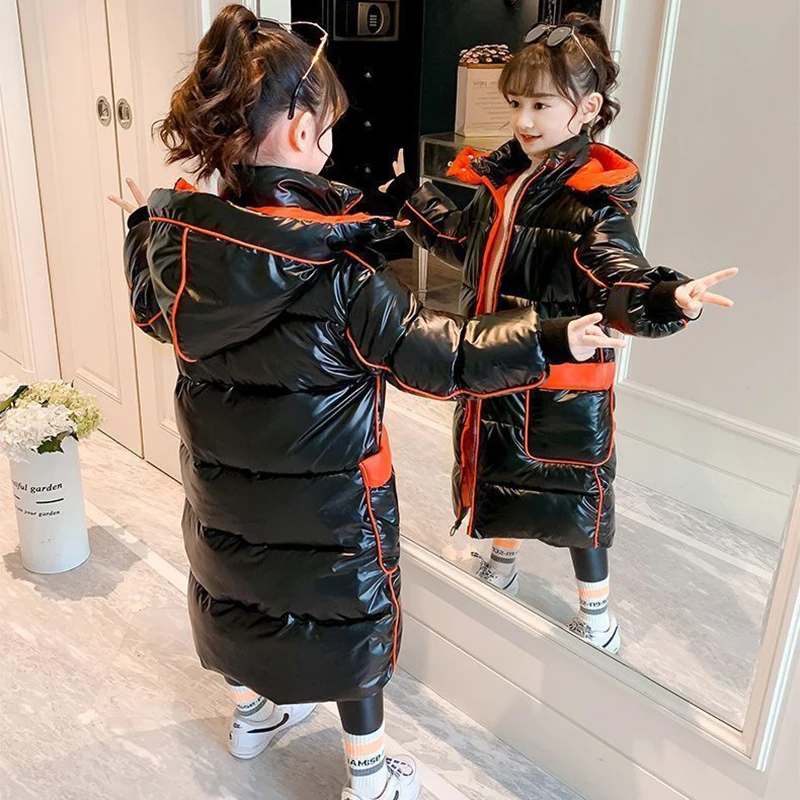 5-14 Years New Winter Girls Down Jacket Long Style Keep Warm Fashion Princess Coat Hooded Zipper Girls Outerwear Kids Clothes