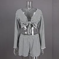 Hiloc Casual Knit Stripe Shorts Pajamas Sets Long Sleeve Home Wear Lace Up Top And Elastic Waist Shorts Sleepwear Knitted Outfit - Image 5