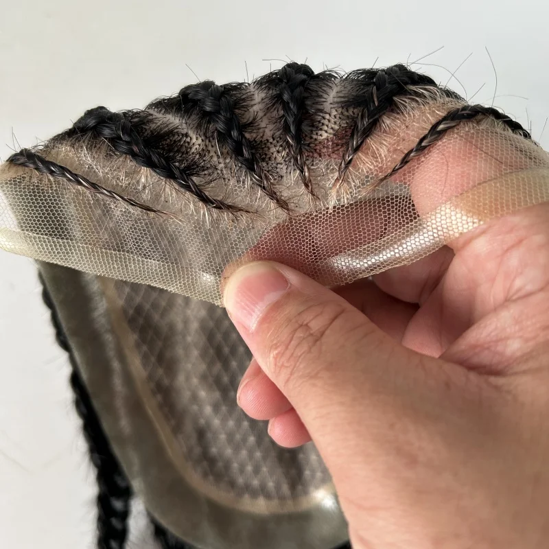 قطع شعر بشري عذراء برازيلية # 1B ضفائر كورنو سوداء اللون الحرير مع قاعدة الدانتيل الأمامي الشعر المستعار 8x10 وحدة الحرير للرجال #3