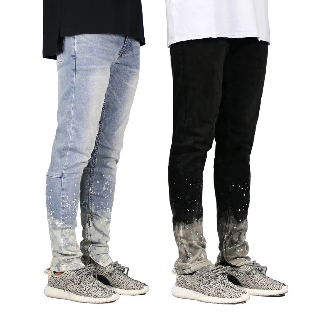 EH·MD® Zip Slit Jeans For Men Gradual Color Cotton High Elastic Slim Fit Leggings Speckled Ink Stitching High Street Trousers 23