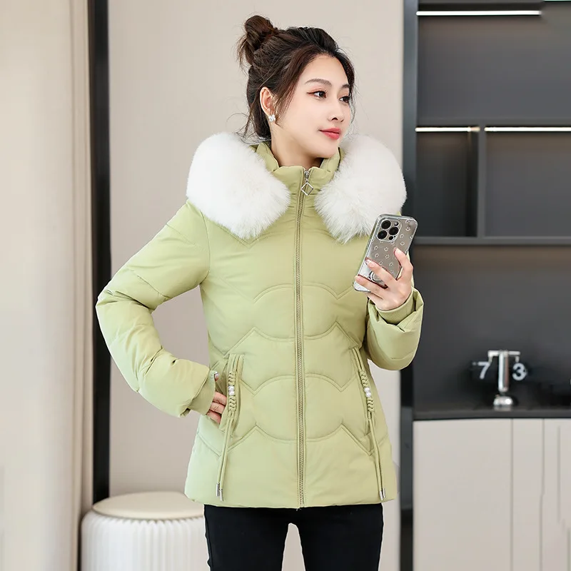 Fashion Women's Hooded Cotton Jacket Winter Korean Female Temperament Soft Big Fur Collar Thickened Jacket Slim Warm Outerwear