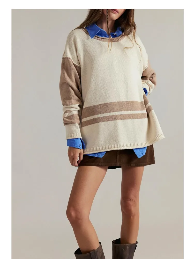 

2025 Autumn Winter Loose Sweaters Homewear Pullover Sweater Pullovers Clothes Woman Commuting Contrast Knitted Warm O Neck-round