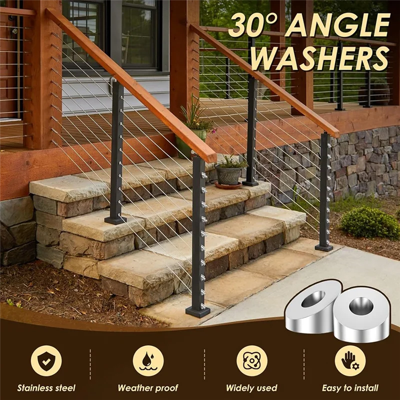 ABCA-Invisible-Cable Railing Hardware 15 Pcs 1/4Inch ID Stainless Steel 30 Degree Angle Beveled Washer Set