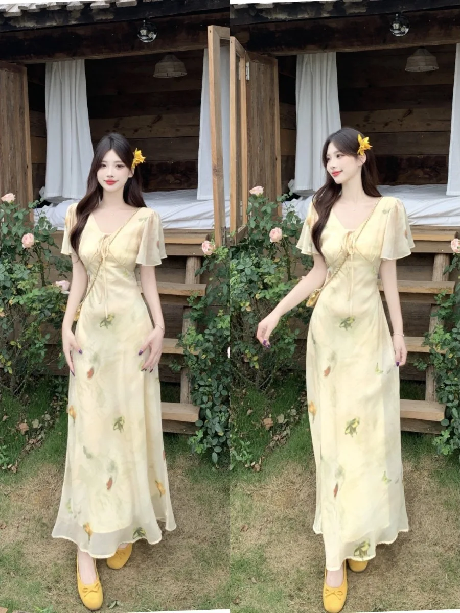 

plus Size V-Neck Slimming Midi Dress Floral Print Puffy Sleeve High Waist A-Line Gown Breathable Comfortable Summer Dress