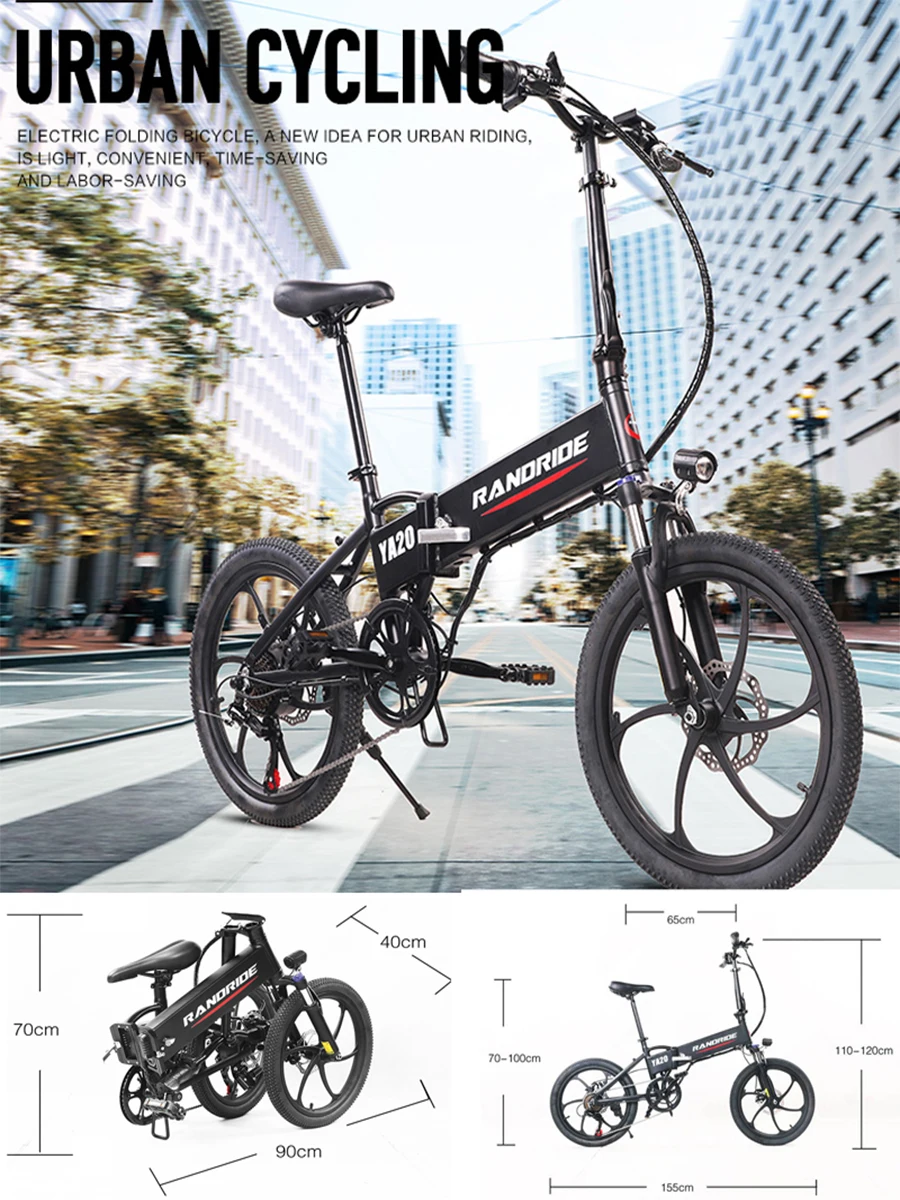 RANDRIDE YA20 Urban City Elektrische Fiets 48V 12.8Ah Verwijderbare Batterij Aluminium Vouwfiets 20 inch Stadsfiets Volwassen E-bike - afbeelding 2