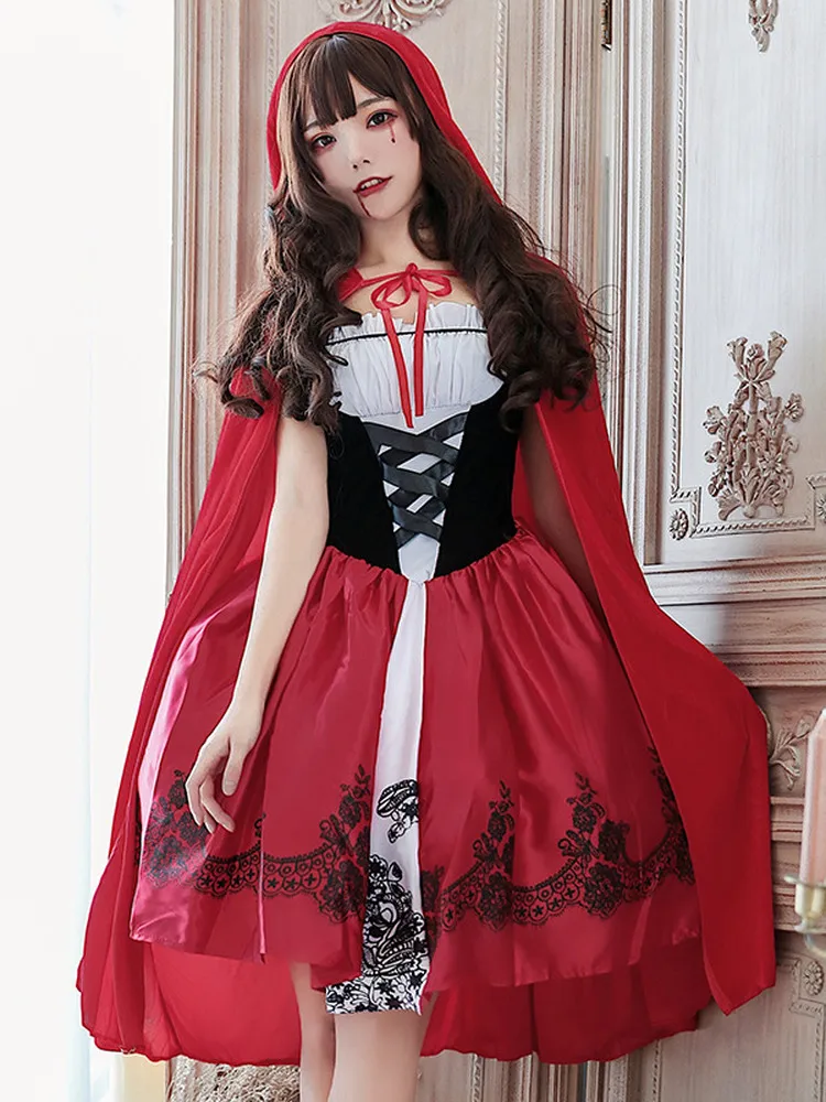 Fantasia de halloween para mulheres adultas, chapeuzinho vermelho, performance, bruxa, príncipes, saia, furador, dramatização, roupa de palco