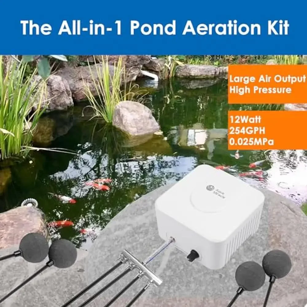 Pond Aeration System 12-Watt Pump Air Stones Check Valves Ponds up to 3000 Gallons