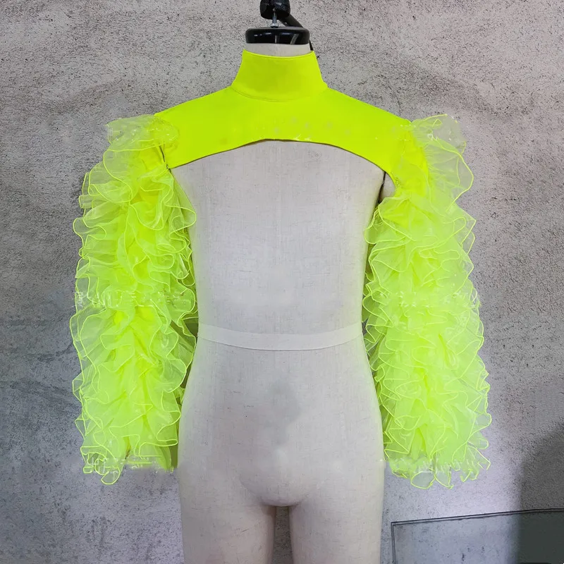 

Nightclub Bar Fluorescent Green Yarn Shawl Gauze Bubble Sleeves Vest Half Tops Female Singer Jazz Dance Team Performance Clothes