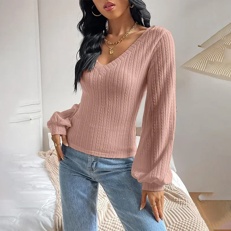 Sexy V Neck Knitting Slim Female T Shirts Classic Solid Color Simple Top 2024 Autumn Casual Puff Sleeves Women Knitted Tops