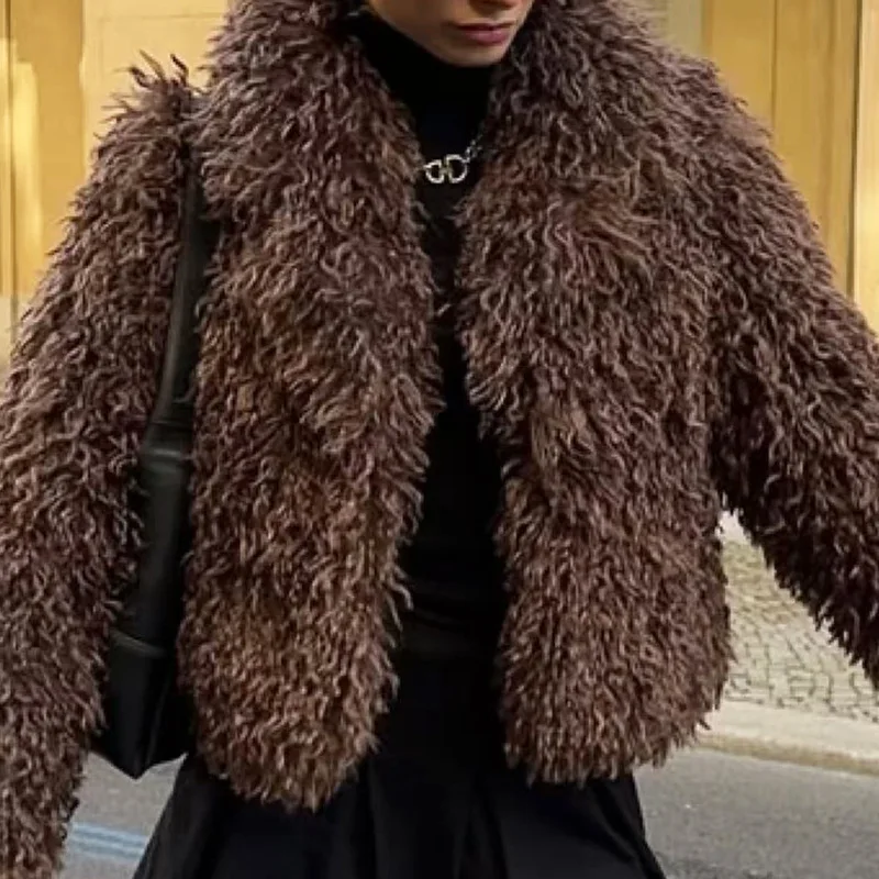 Women Thick Faux Fur Jacket Loose Turn Down Collar Open Stitch Solid Streetwear Full Sleeve Warm Jackets Autumn Winter