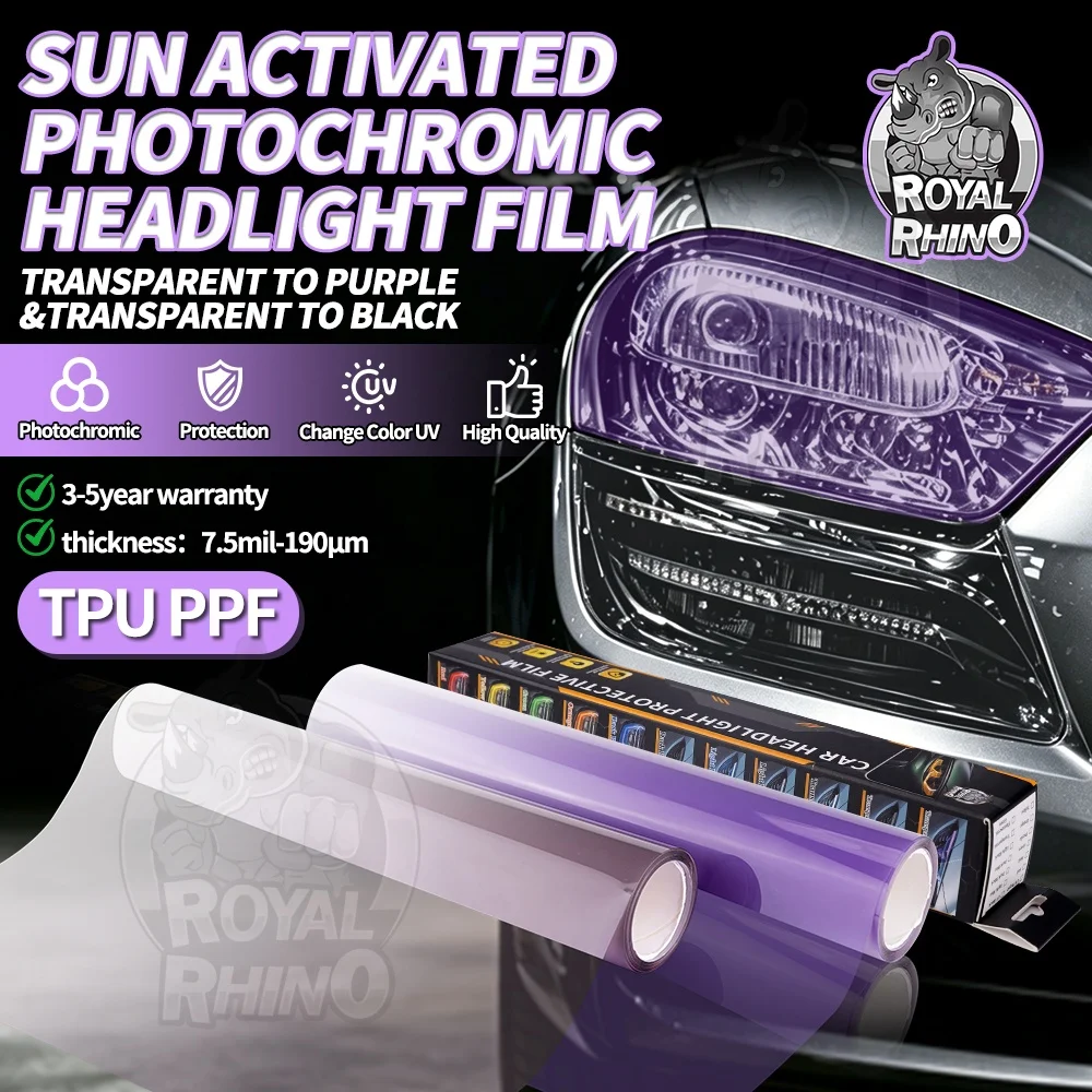 TPU Photochromic Sun Activated Car Headlight Tint Film UV Light Sensitive Color Changing Anti‑Scratch Car Lamp Wrap Stickers