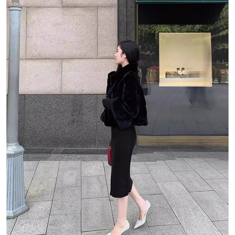 معطف فرو صناعي مقصوص من MEXZT سترة نسائية عصرية مرقعة باللون الأسود منفوش سترة شتوية أنيقة كورية بأكمام طويلة ملابس خارجية فروي جديدة #6