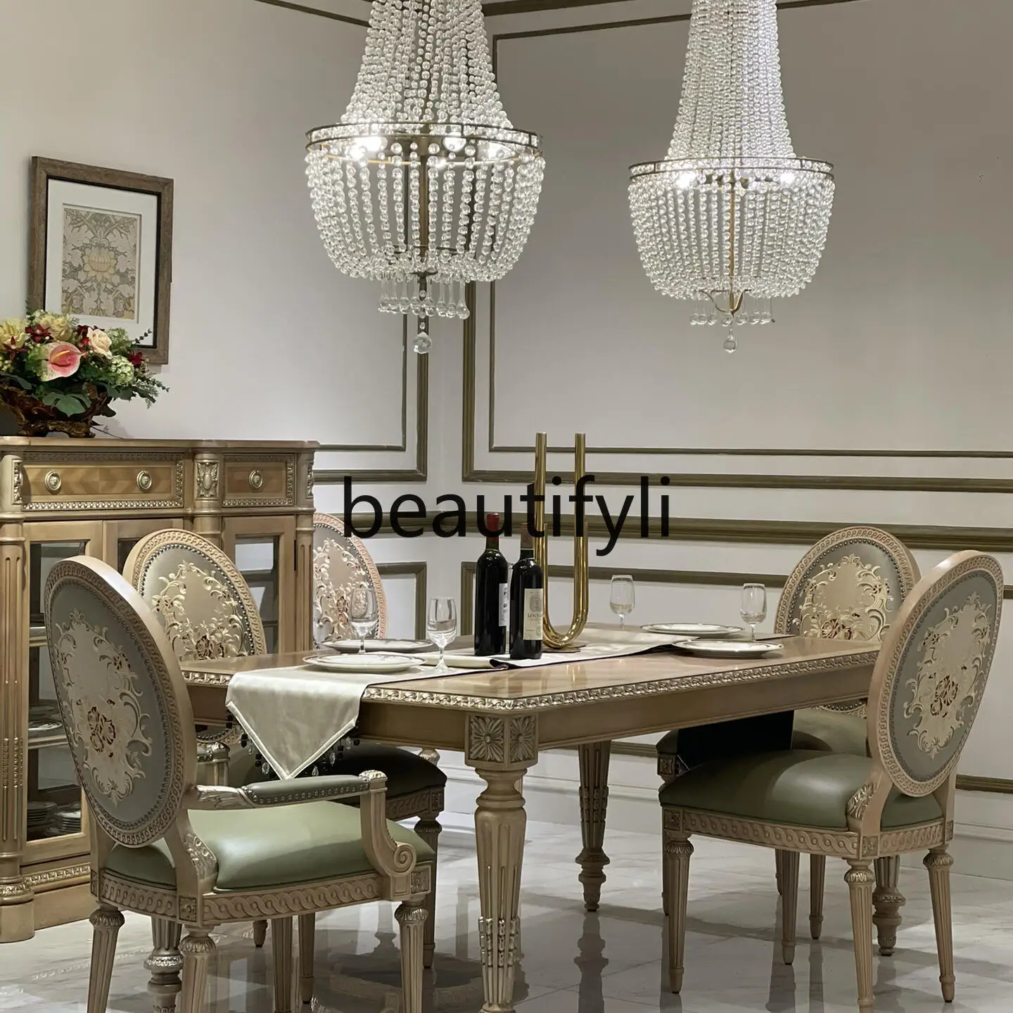 

European French court, rectangular solid wood carving flower dining table dining chair Jade green