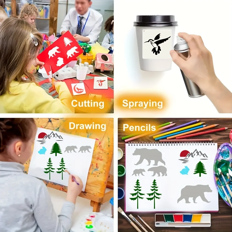 65PCS 4x4inch 숲 동물 스텐실 그림 나무 패브릭 벽 DIY 드로잉 템플릿 세트