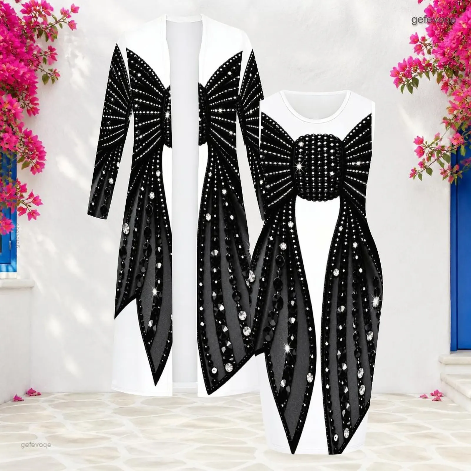 Women Printed Dress Set Long Sleeve Long Open Front Cardigan Sleeveless Bodycon Dress Two Piece