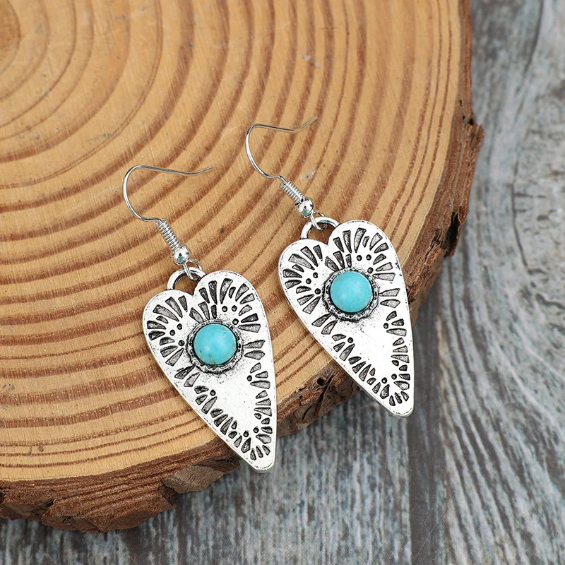 Southwestern Jewelry Wholesale Bohemian Turquoise Heart Earring Western Stamped Turquoise Heart Drop Dangle Earrings for Women