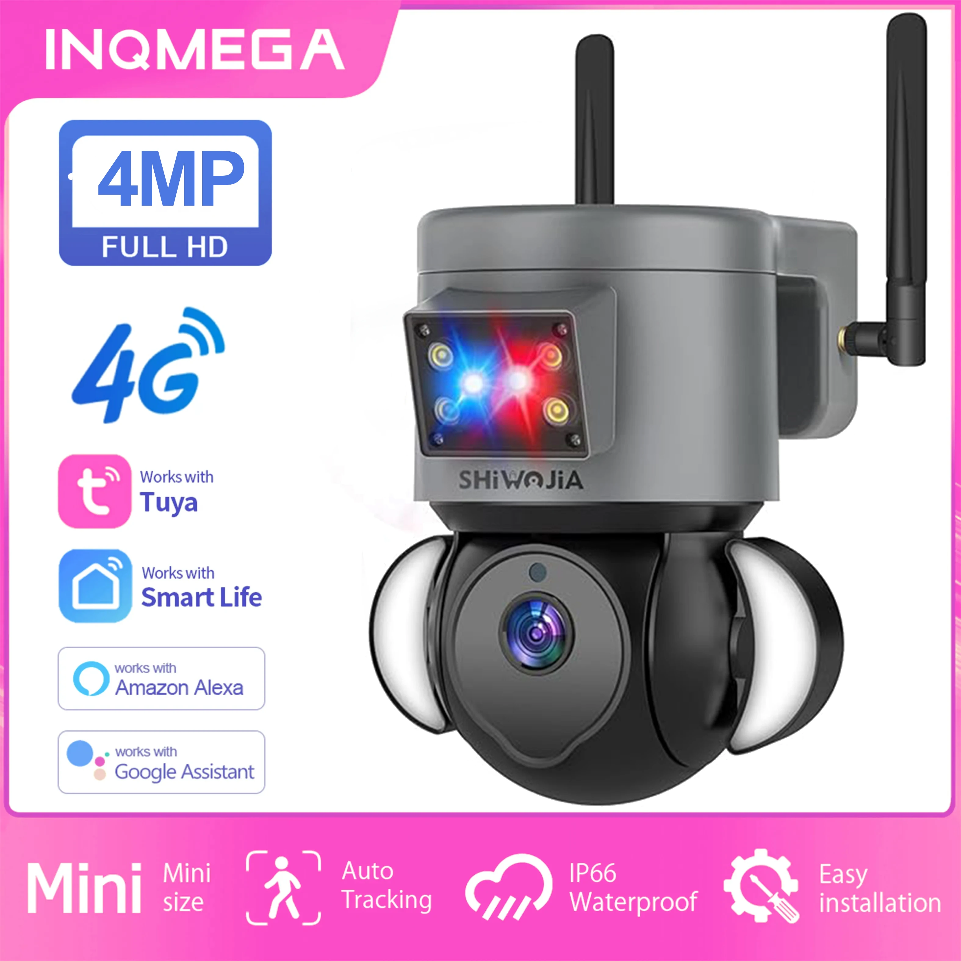 

INQMEGA 4G SIM Smart Life Camera Tuya 4MP Outdoor Security Home CCTV Surveillance Camera Auto Tracking Night Vision with Alexa