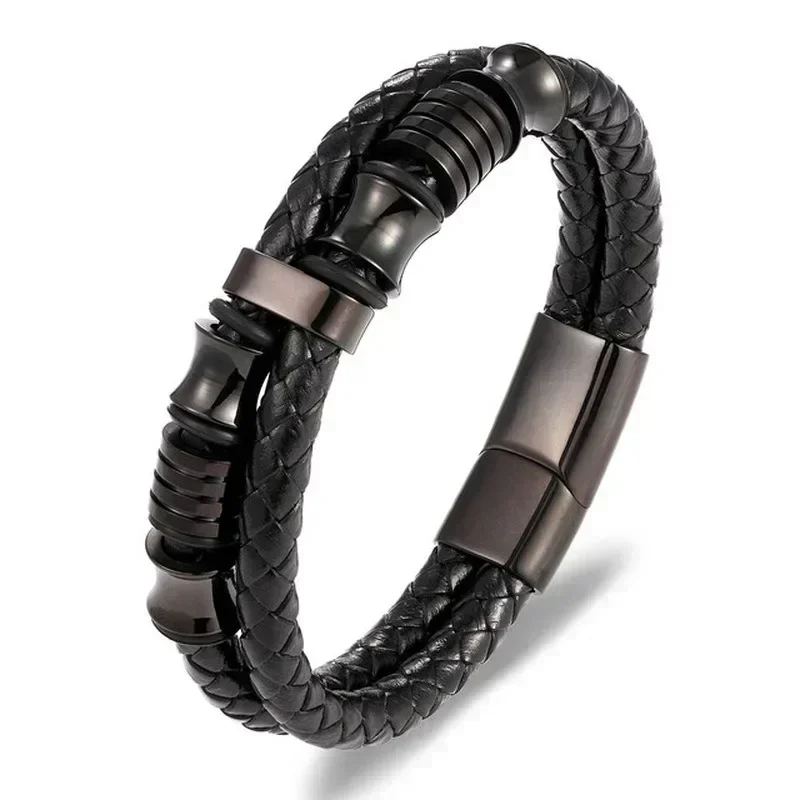 Classic Vintage Magnetic Buckle X Pendant Black Leather Bracelet, Suitable for Men\\\\\\\'s Fashion Casual Rock Jewelry