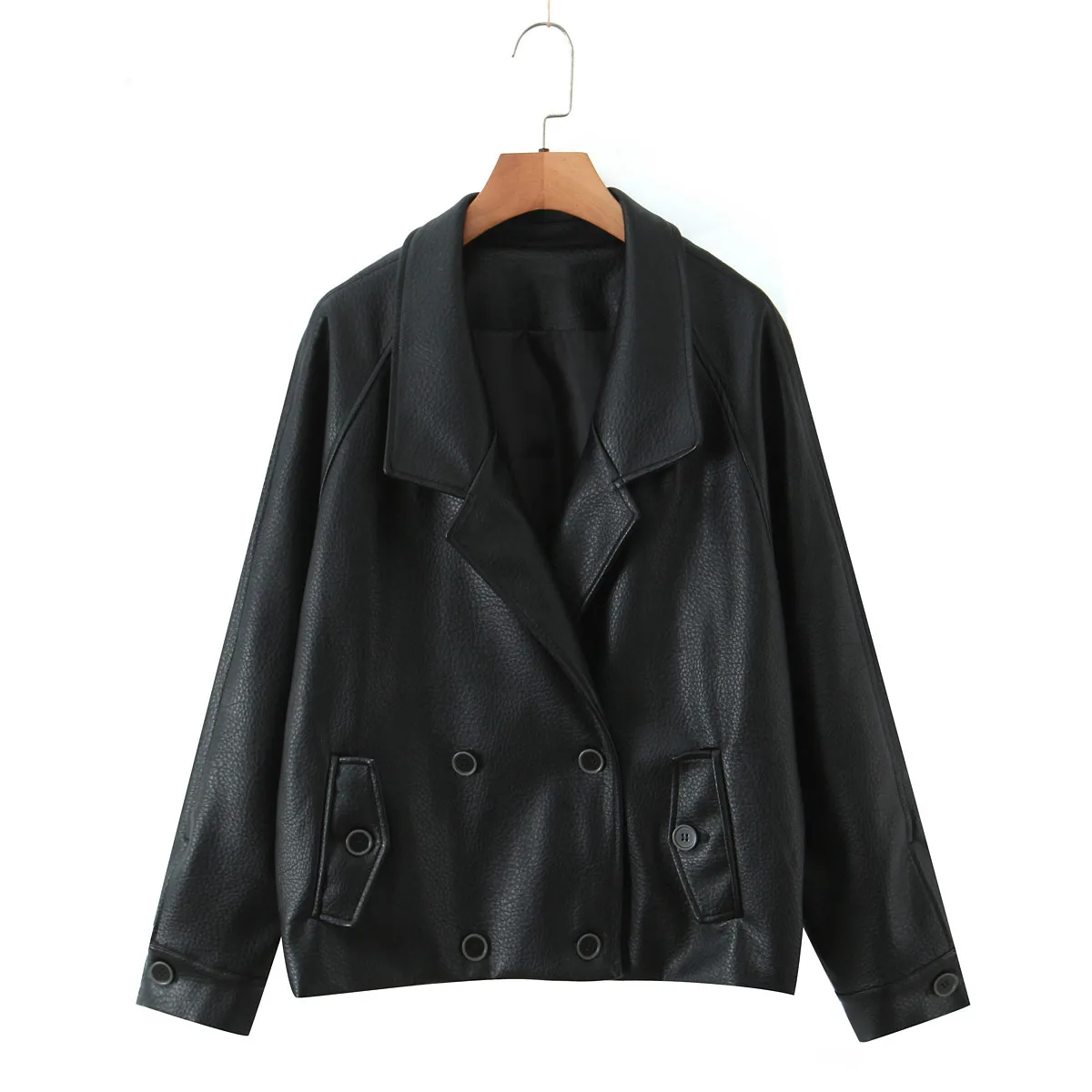 2025 아메리칸 레트로 여성 브라운 PU 가죽 재킷 노치드 더블 브레스티드 버튼 풀 슬리브 오버사이즈 코트 루즈 아우터웨어