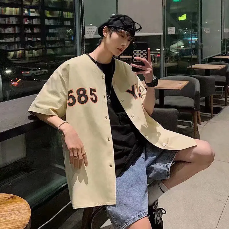 American summer new street style letter print Korean retro baseball uniform cardigan thin short-sleeved loose shirt men jacket