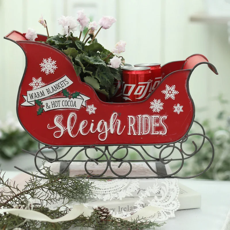 Merry Christmas Red Sledge Metal Sleigh Christmas Craft Supplies Indoor Decoration 2023 New Year Gift Party Decoration