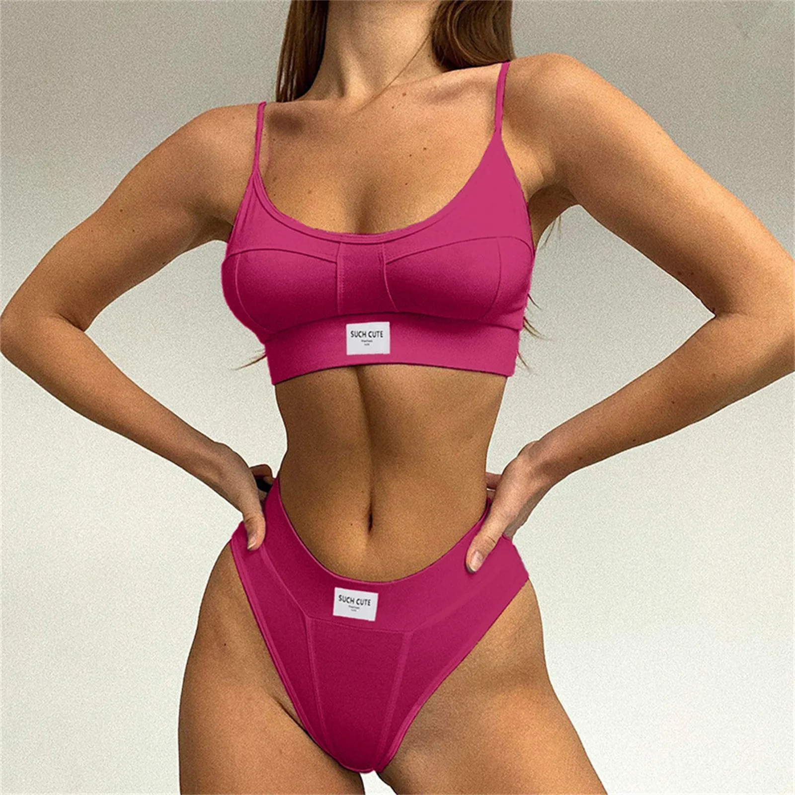 Women\'s Sports Bikini Casual Letter Printing U Neck Solid Color Stitching White Edge Fashion Solid Simple Underwear Set Swimsuit