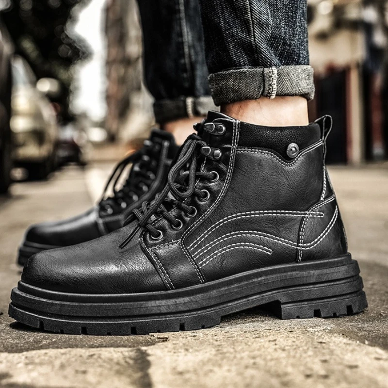 

New Trendy Men's Boots Trendy and Versatile Pure Color Lace-up Flat Heel Spring-autumn Size Large Workwear Style Boots
