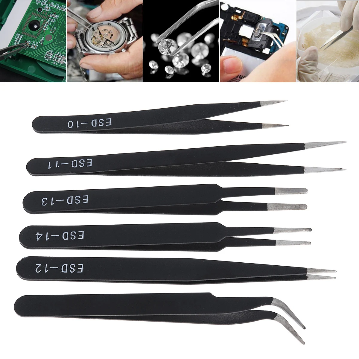 6Pcs Precision Esd Tweezers Set Professional  Anti-Static Stainless Steel Tweezers Micro Repair Tools For Electronics Soldering