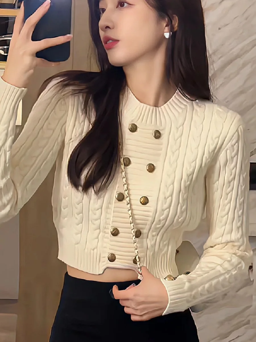

Мягкий вязаный женский свитер на осень-зиму, тонкий топ из пряжи с двойными пуговицами, теплый сладкий круглый топ Ne Long Sve