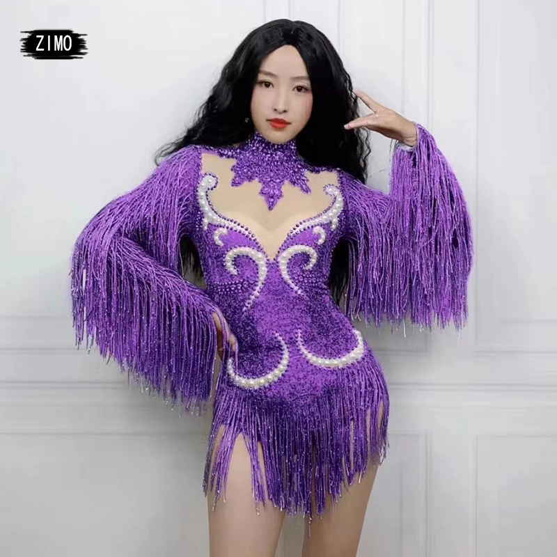 fashion blue crystal bodysuit tassels sexy see through club party DS performance leotard women birthday Team pole dance clothing