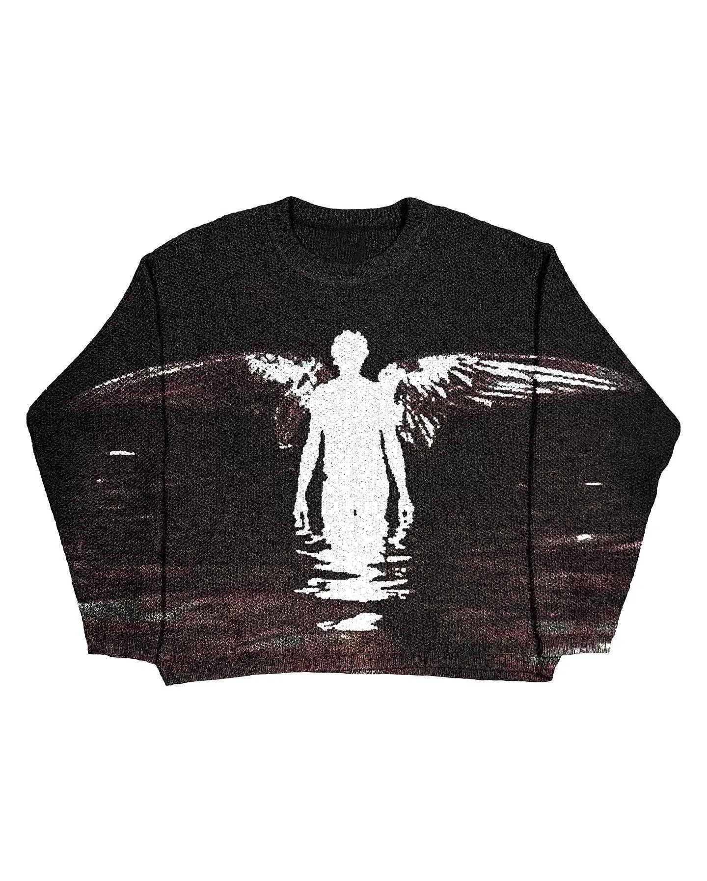 Fallen Angel Embroidery Women's Knitting Sweaters Chic Long Sleeved O-neck Pullovers 2023 New Female Casual Fashion Sweater Y2K