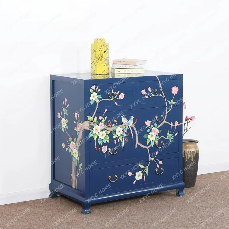 Simple pastoral modern camphor wood solid wood chest of drawers locker living room storage cabinet cabinet