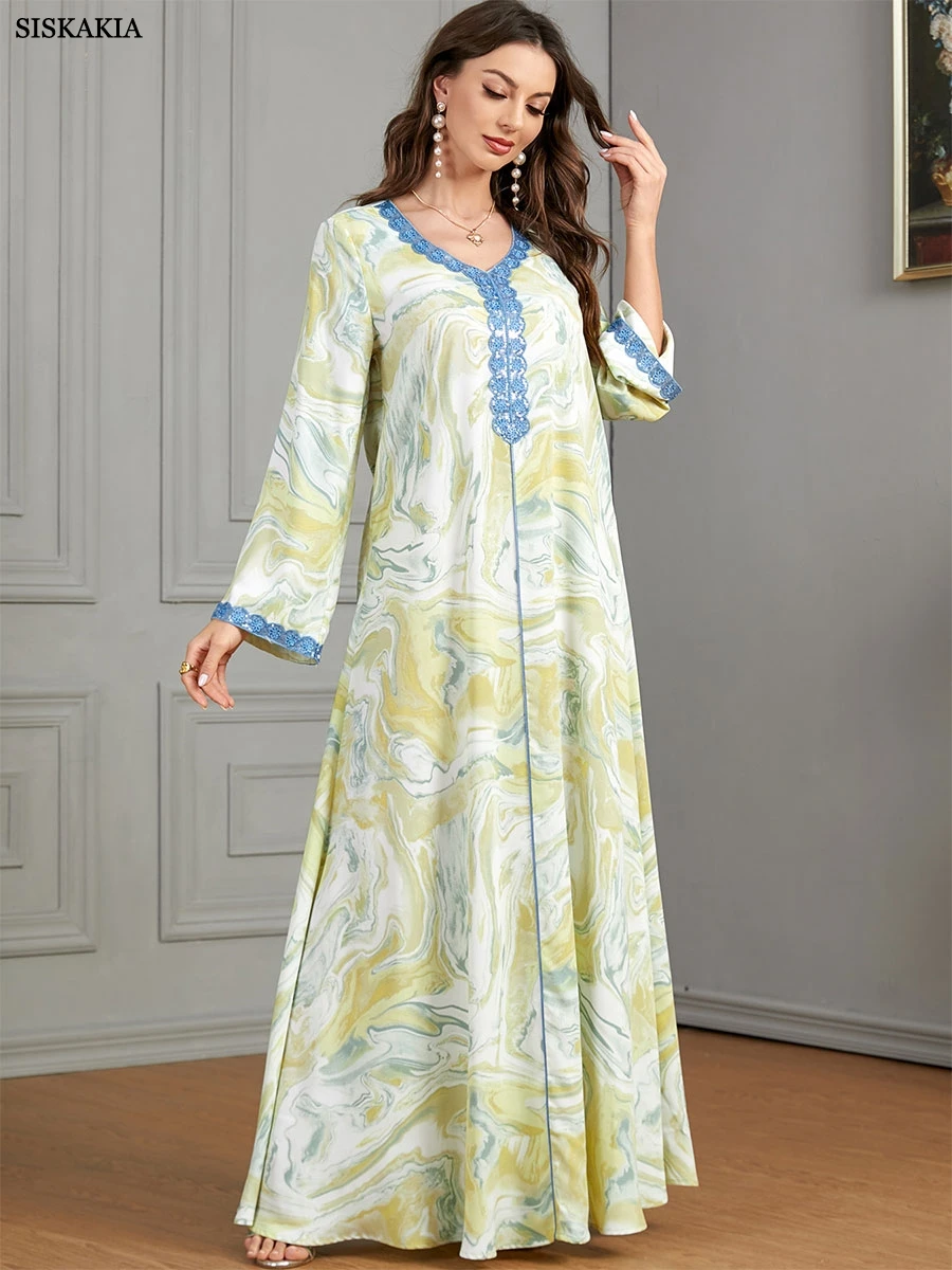 Siskakia Fashion V-Neck Muslim A-Line Long Dresses For Woman Elegant Casual Long Sleeve Moroccan Islamic Saudi Abayas Jalabiya