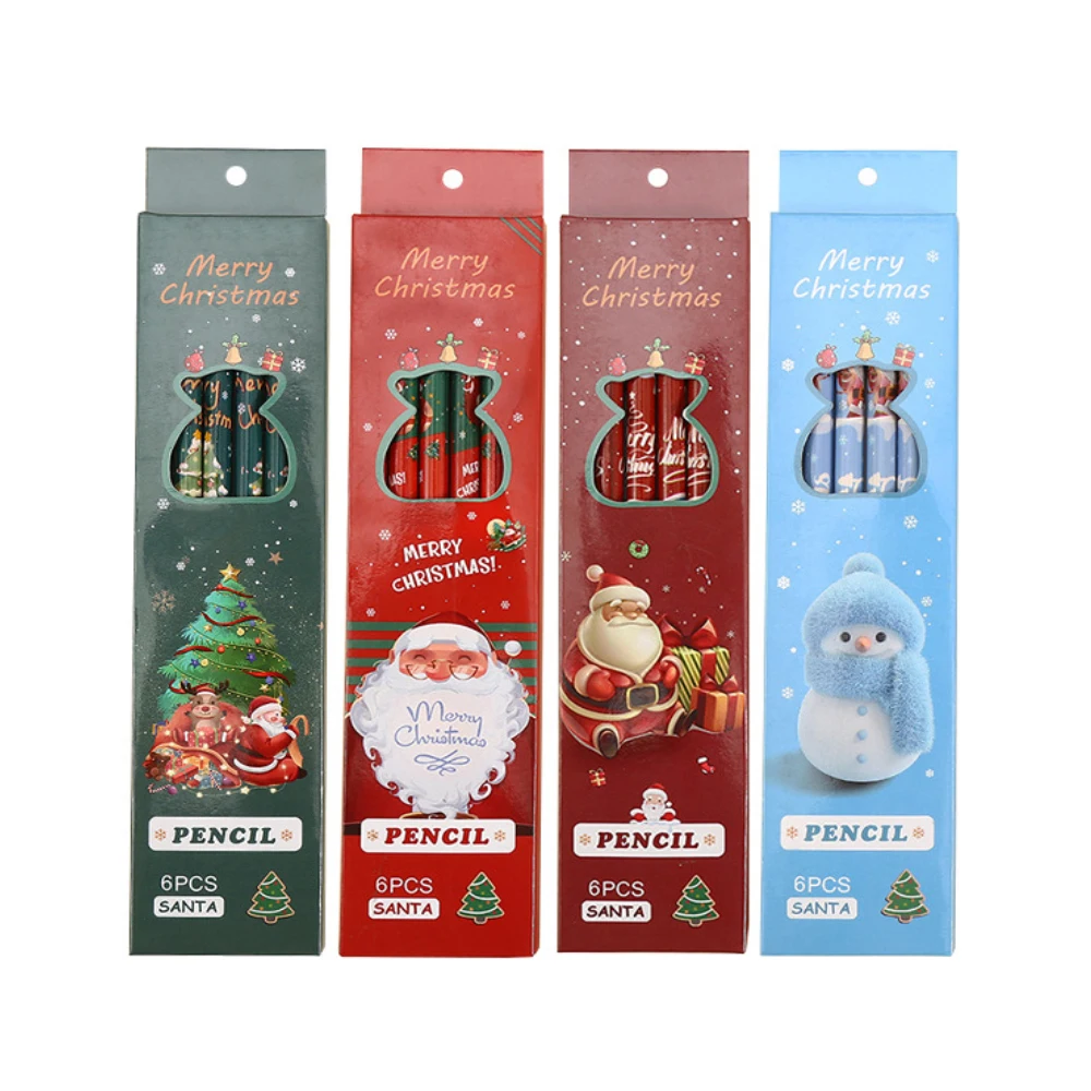 Christmas Gift 6Pcs/set HB Wooden Pencil With Eraser For Kids Cartoon Cute Stationery Drawing Writing Students School Supplies