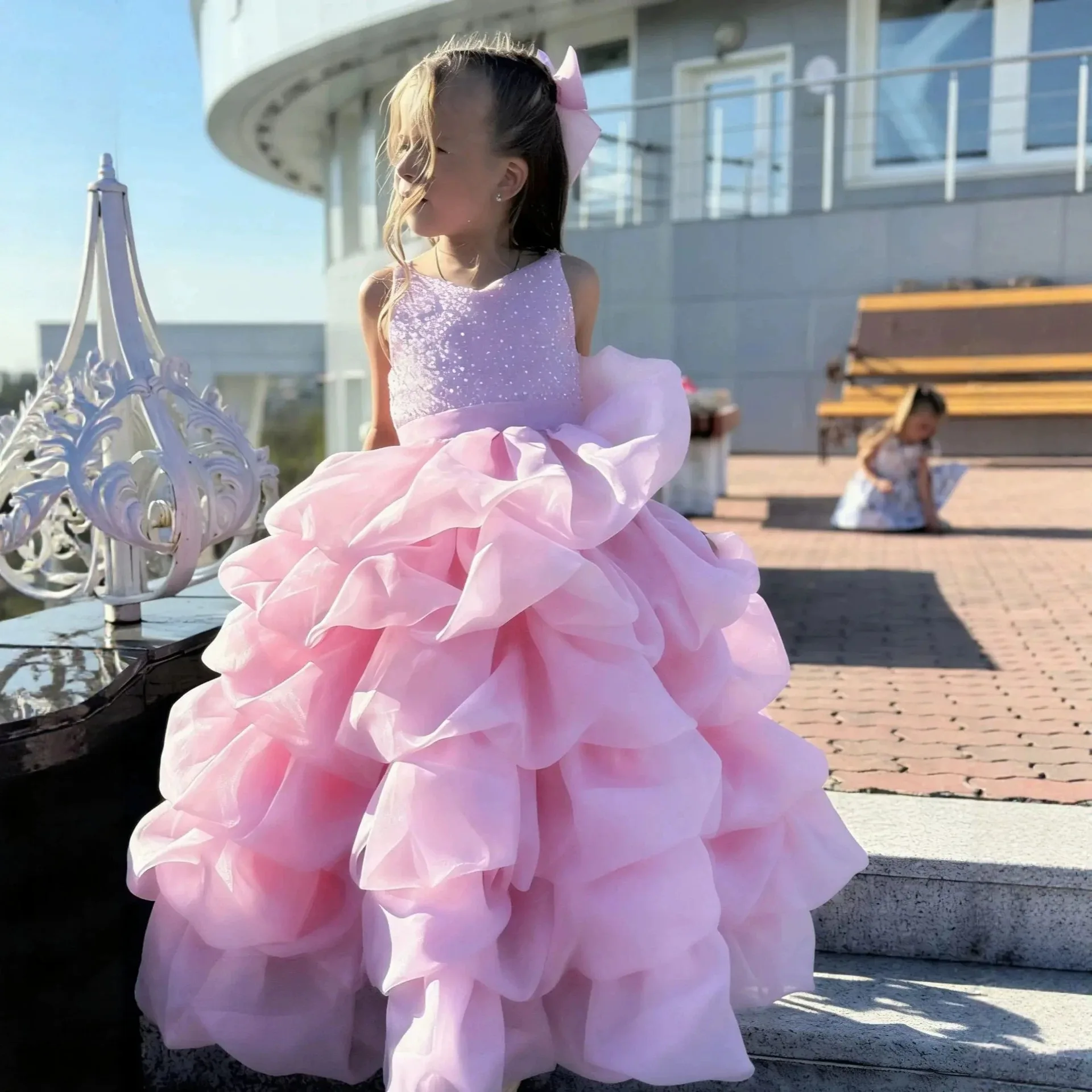 High-end Girls Princess Dress Mesh Multi-layer Children's Dress Pink Show Cake Dress Piano Performance Dress Western Style