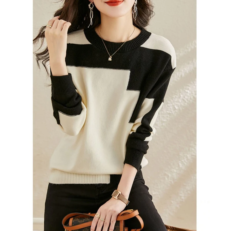 Women Korean Fashion Contrast Color Patchwork Elegant Knitted Sweaters Autumn Winter Casual O Neck Long Sleeve Tops Soft Jumpers