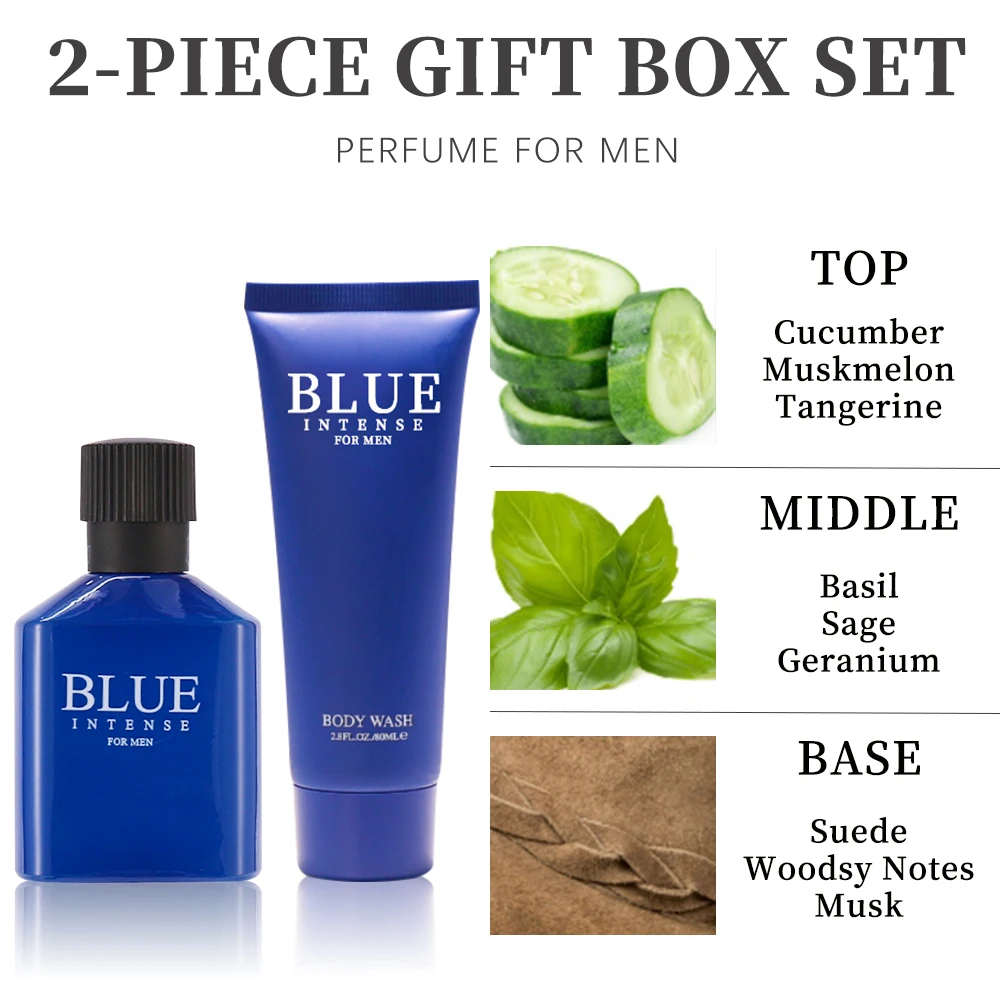 Men's Fragrance Set 1.7 Oz Eau de Toilette Spray and 2.8 Oz Body Wash 2 Piece BLUE INTENSE Gift Set for Men Travel Size Long