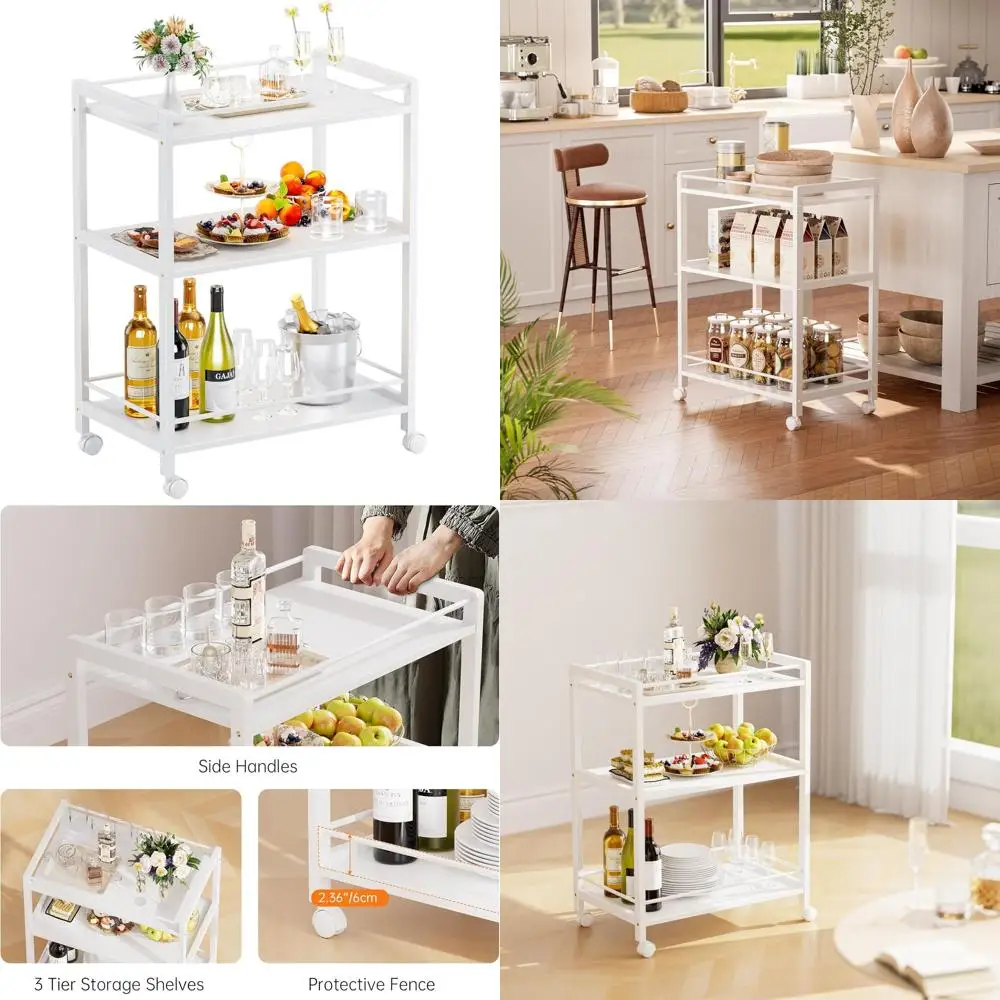 

3-Tier Rolling Bar Cart with Storage, Mobile Kitchen Trolley for Home, Living Room, and Office