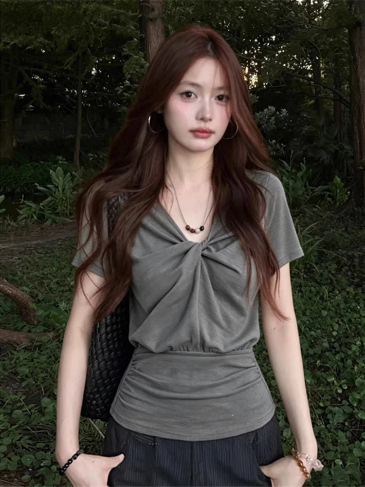 Korean Style V-Neck Short Sleeve Women's T-Shirt Slimming Waist Tie Summer Fashion Top Grey Sexy Girl City Walk Tee