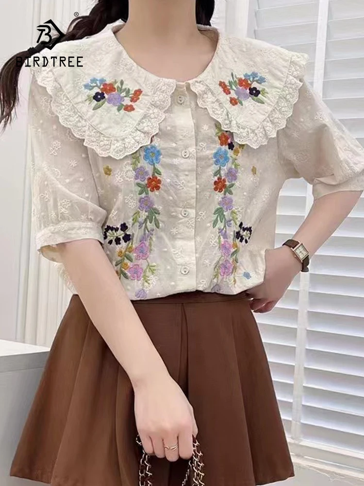 

New Spring Cotton Embroidery Shirt Women Lapel Puff Sleeve Gentle Tops Girl Loose Casual Simplicity Blouses 2024 Autumn T44808QC