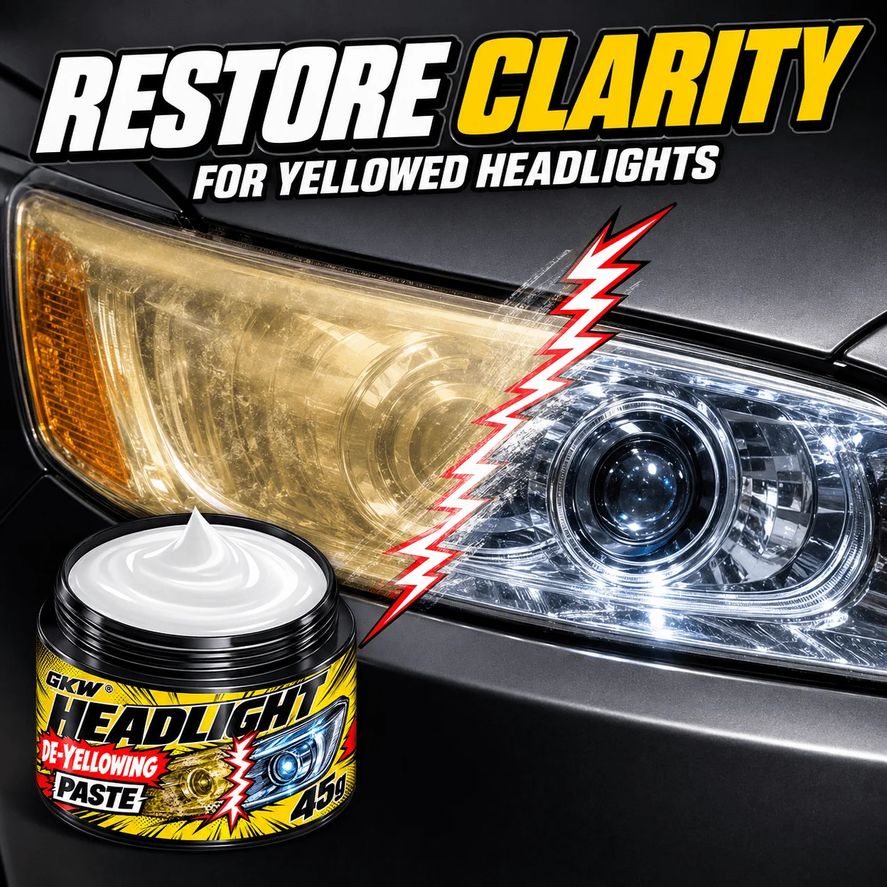 Pro Headlight Restorer - Removes Yellowing, Oxidation & Haze, Lens Polishing & Grinding Compound, Restores Headlight Brightness