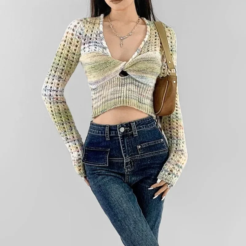 

Женские трикотажные рубашки, укороченные топы, осенне-весенняя мода, женские длинные рукава с v-образным вырезом, узкие эластичные сексуальные тонкие пуловеры, свитера