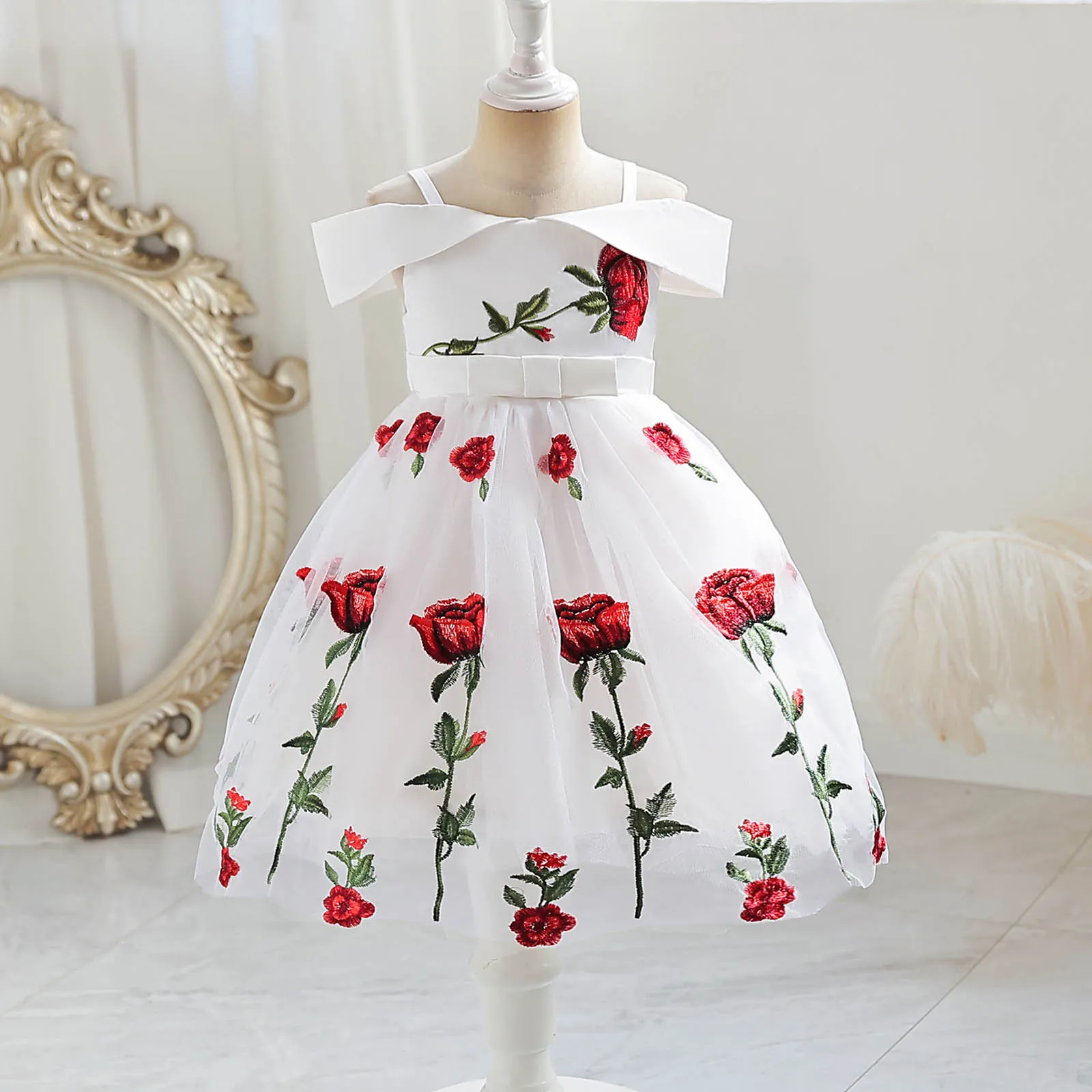

Dresses Girls Skirt Fashion Flower Printed Dress Off Shoulder Skirt Children Rose Girls Banana Dress 2025 Novelty Popular